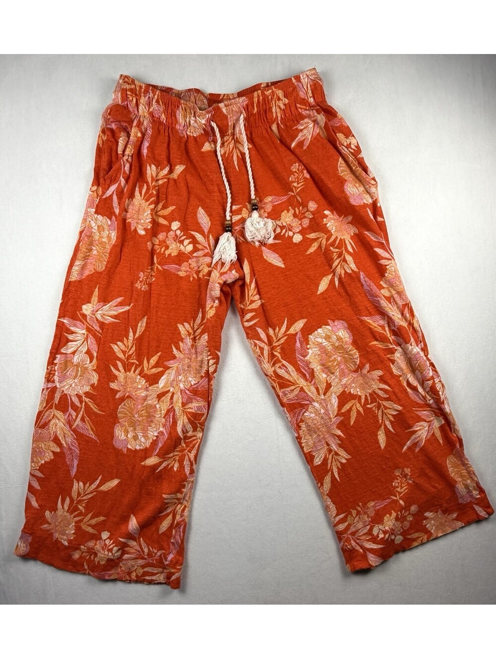 Cynthia Rowley 100% Linen Wide Leg Cropped Pants Women M Pink Orange Floral Boho